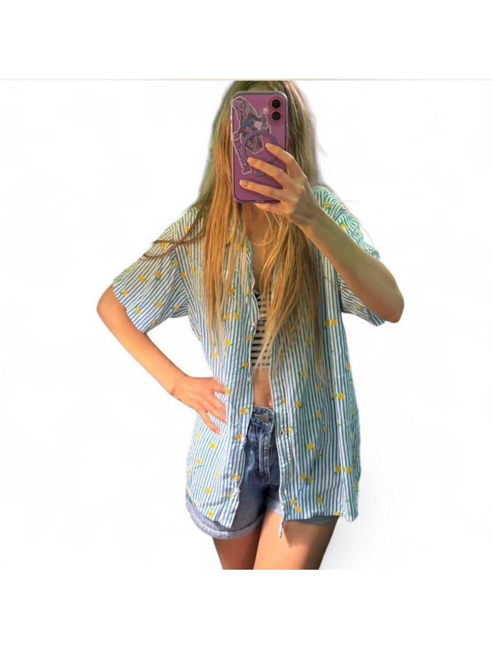 Empyre Preppy Lemon Striped Button Down Rayon Shirt L summer casual